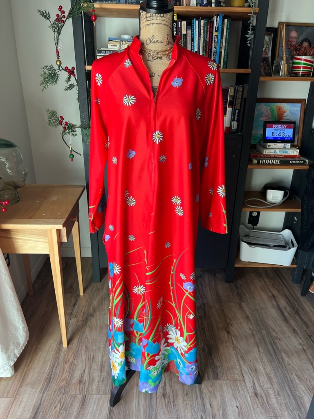 Red Floral Maxi Dress with Long Sleeves